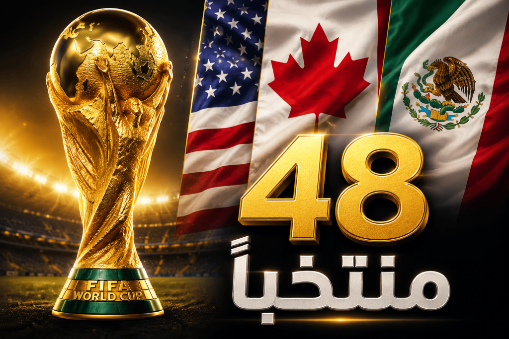 صورة توضيحية تشرح نظام كأس العالم 2026 الجديد في أمريكا وكندا والمكسيك بمشاركة 48 منتخبًا.