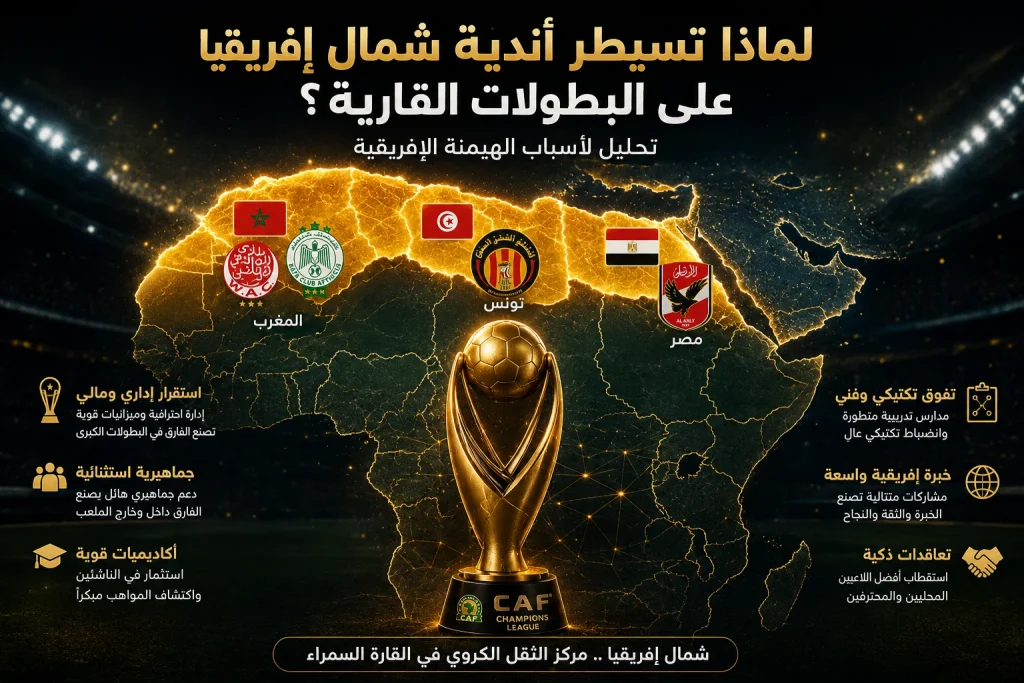 إنفوجرافيك يوضح أسباب سيطرة أندية شمال إفريقيا مثل الأهلي والترجي والوداد على دوري أبطال إفريقيا.